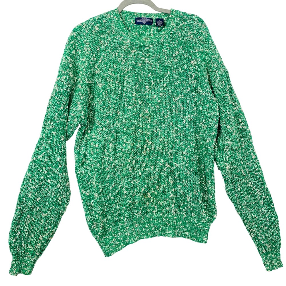 Georges Marciano Sweater Women's L Green White Linen Cotton Knit Crew Neck